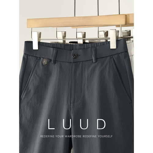 LUUD 菱形皮标半松紧腰直筒短裤抗皱免烫纯色休闲五分西裤男夏季
