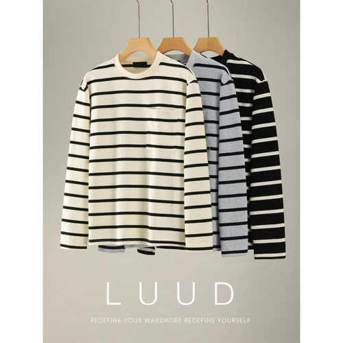 LUUD 韩系极简风柔软舒适圆领针织衫男秋冬撞色条纹长袖T恤打底衫