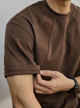 LUUD  潮牌痞帅高级感T恤男士夏季美式拼接微宽半袖解构挺括体恤