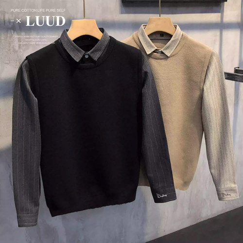 LUUD 冬季英伦男士修身复古假两件针织衫韩版毛衫拼接衬衫领外套