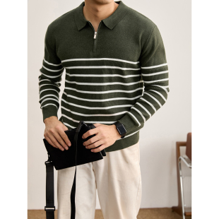 LUUD 韩系条纹撞色半拉链POLO领毛衣男秋冬极简慵懒风翻领针织衫
