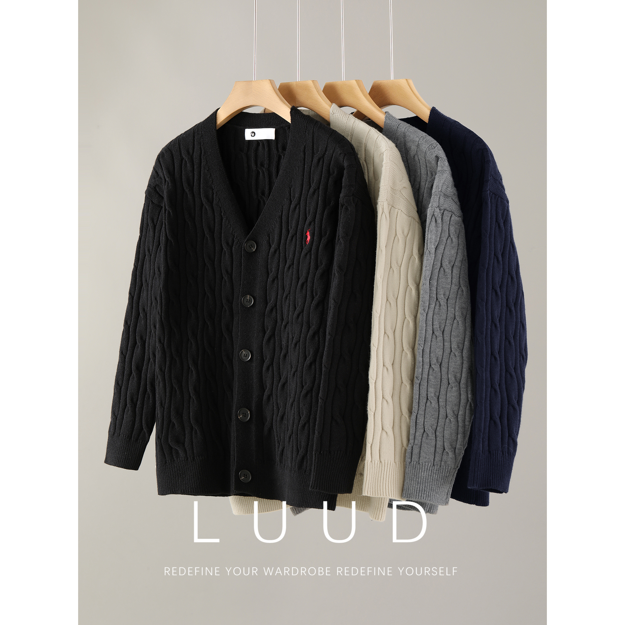 LUUD 潮奢骑士刺绣麻花肌理感针织开衫男士高弹抗起球包芯纱外套