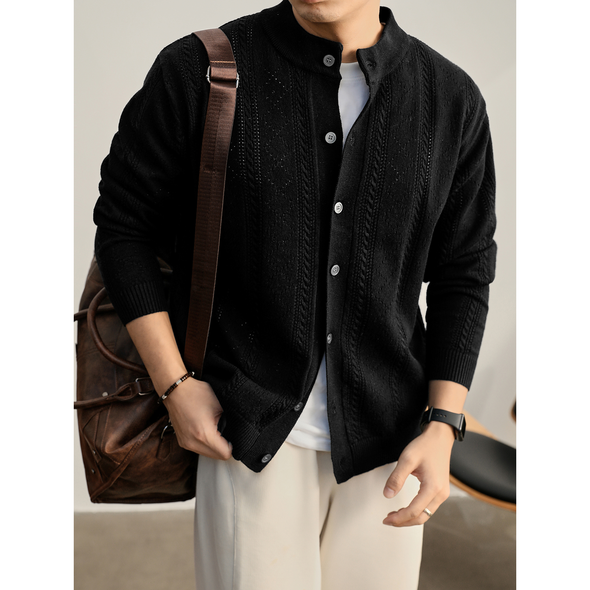 LUUD 老钱风男秋羊毛混纺针织开衫编织绞花镂空波斯纶毛衣外套潮