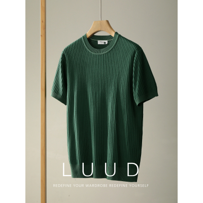 LUUD 老钱风复古提花肌理男士针织圆领T恤夏季冰爽丝立体条纹短袖