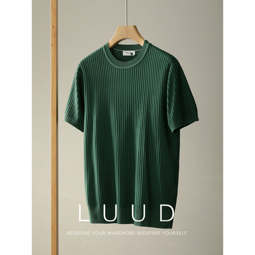 LUUD 老钱风复古提花肌理男士针织圆领T恤夏季冰爽丝立体条纹短袖