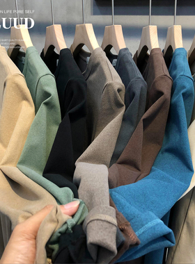 LUUD 冬季纯色双面磨毛德绒圆领打底衫男修身品质保暖舒适百搭T恤