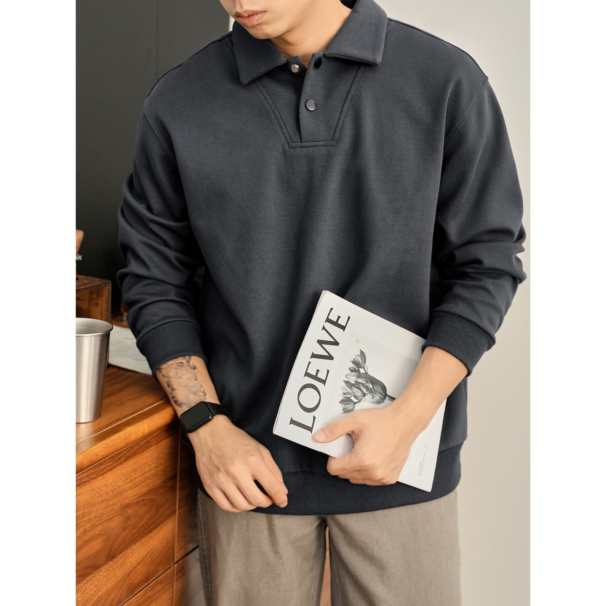 LUUD 男士美式双按扣翻领POLO卫衣男老钱松弛感斜纹重磅380g上衣