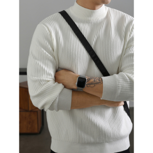 LUUD 白色简奢坑条纹理感半高领毛衣男士冬季保暖打底针织衫上衣