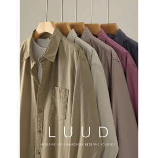 男长袖 LUUD 衬衫 复古夹克口袋翻领衬衣外套100%纯棉工装 秋季 美式