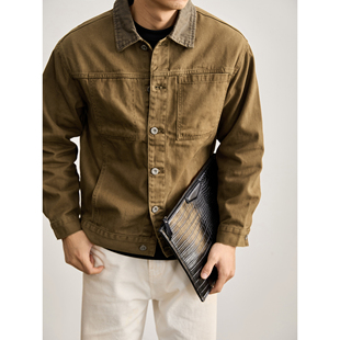 男款 LUUD 100%纯棉洗水牛仔衬衫 工装 麂皮绒拼接翻领夹克外套 美式