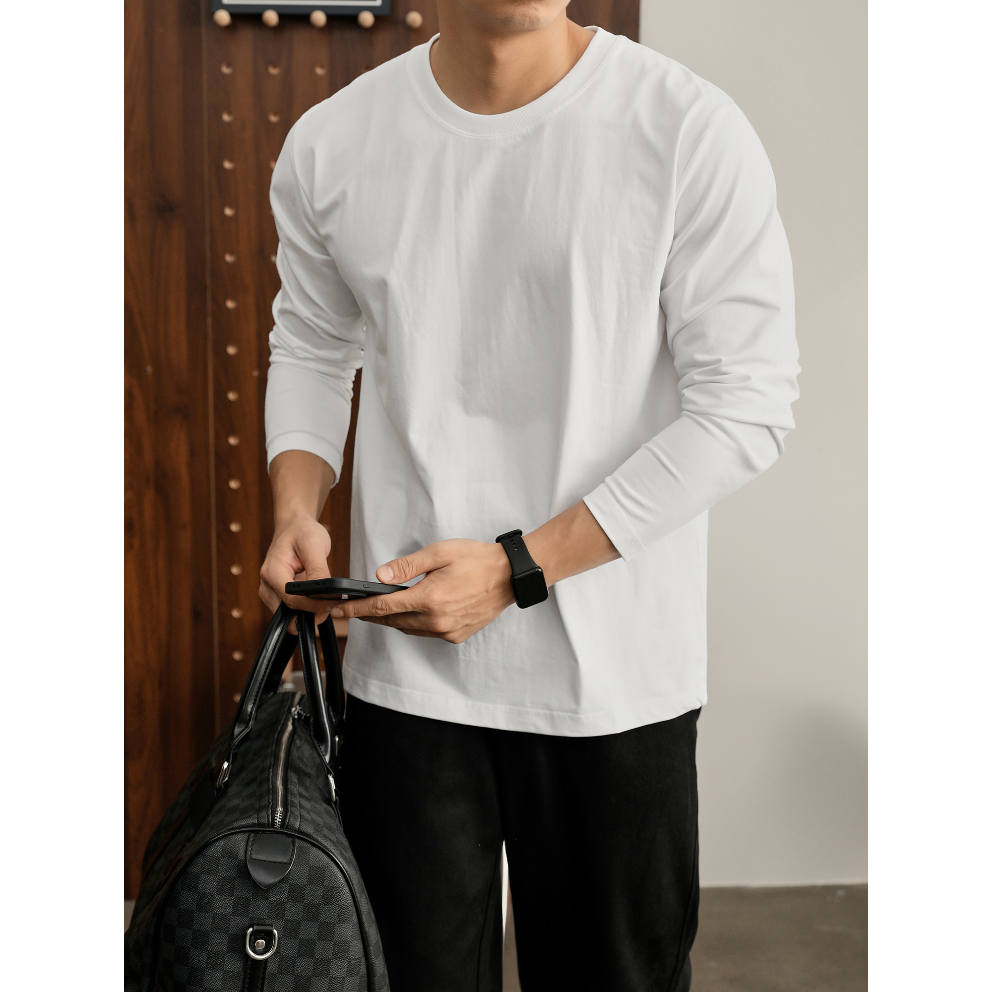 LUUD 极简休闲风男士长袖白T恤通勤百搭叠穿内搭圆领体恤衫上衣潮