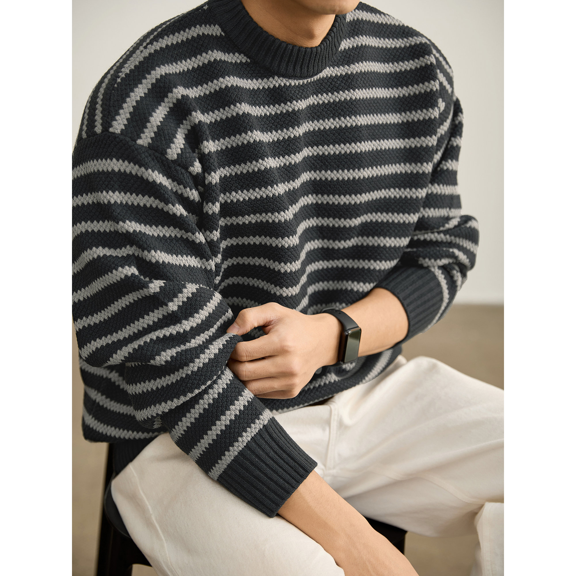 LUUD 复古松弛撞色条纹圆领毛衣男士重磅730g提花肌理套头针织衫