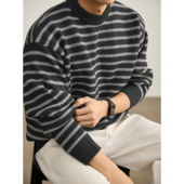 重磅730g提花肌理套头针织衫 LUUD 复古松弛撞色条纹圆领毛衣男士