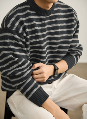 LUUD 复古松弛撞色条纹圆领毛衣男士重磅730g提花肌理套头针织衫