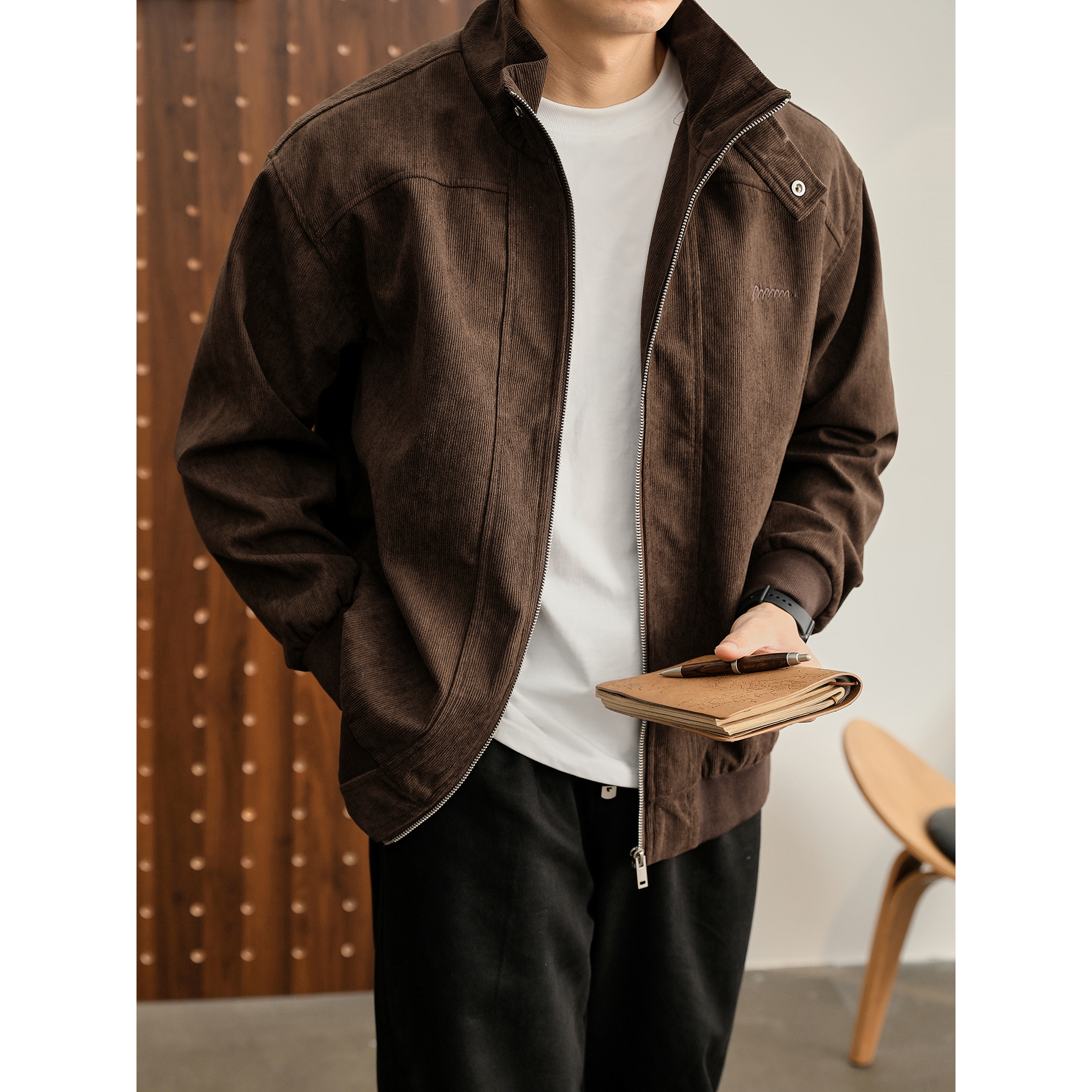 LUUD 哈灵顿底特律灯芯绒工装夹克男秋冬季按扣立领字母刺绣外套