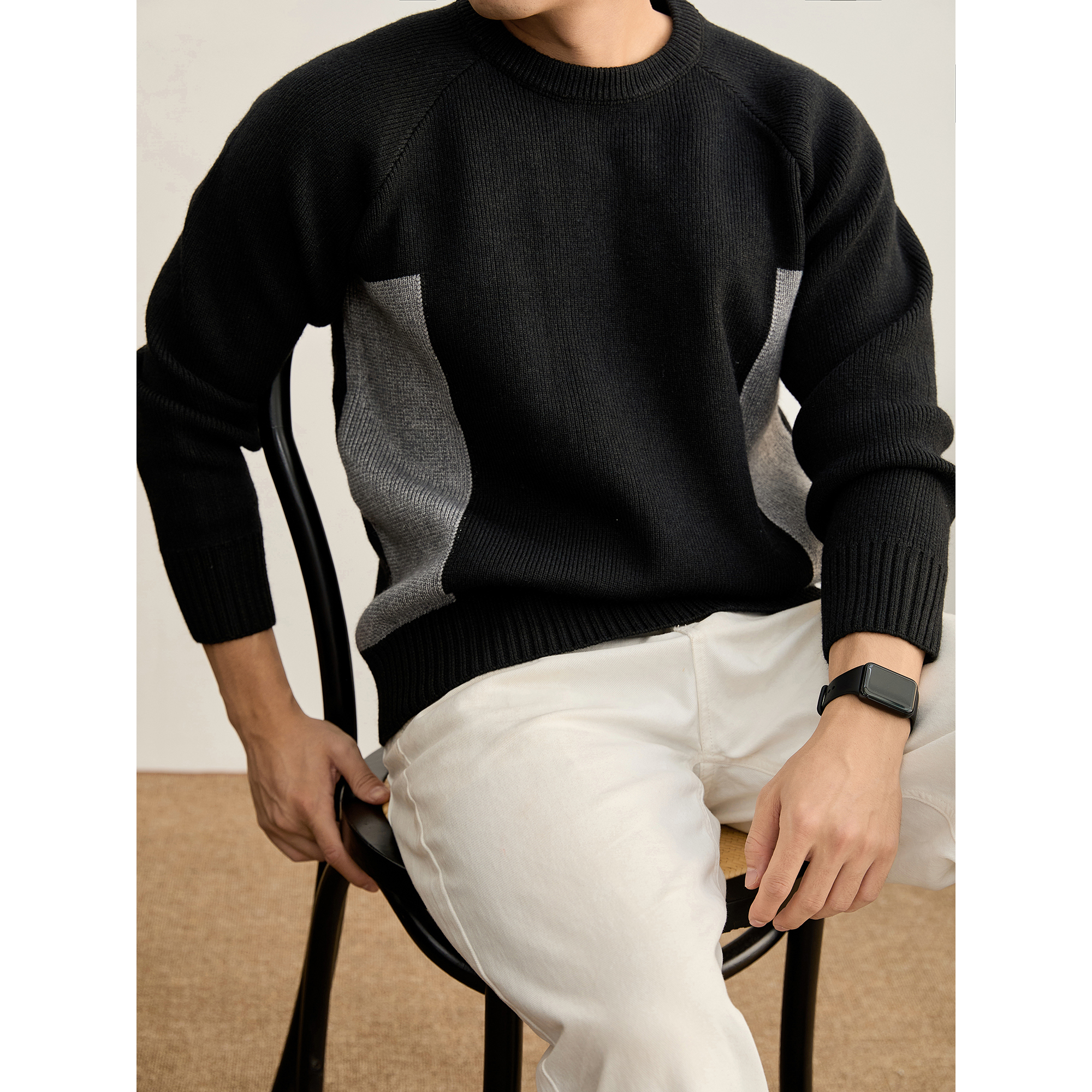 LUUD 高克重810g色块拼接圆领针织衫男士百搭潮流插肩袖长袖毛衣