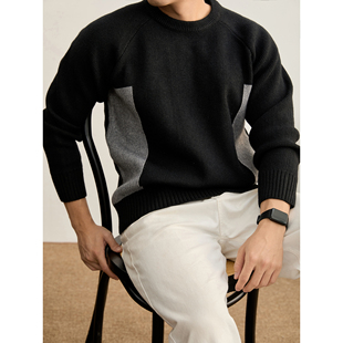 长袖 LUUD 百搭潮流插肩袖 男士 毛衣 高克重810g色块拼接圆领针织衫