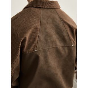 设计PU防风外套灯芯绒插肩袖 潮牌铆钉拼接式 拼接夹克男 个性 LUUD