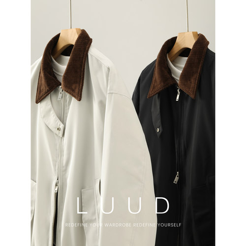 LUUD 90白鸭绒防风夹克外套男冬季复古撞色灯芯绒拼接翻领羽绒服