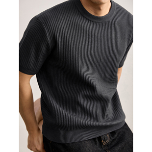 上衣 男春秋基础百搭内搭叠穿短袖 LUUD 坑条竖纹肌理圆领针织衫
