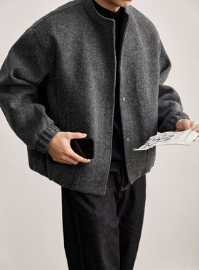 LUUD 男冬软糯磨毛肌理羊毛混纺小立领毛呢外套廓形短宽版型夹克