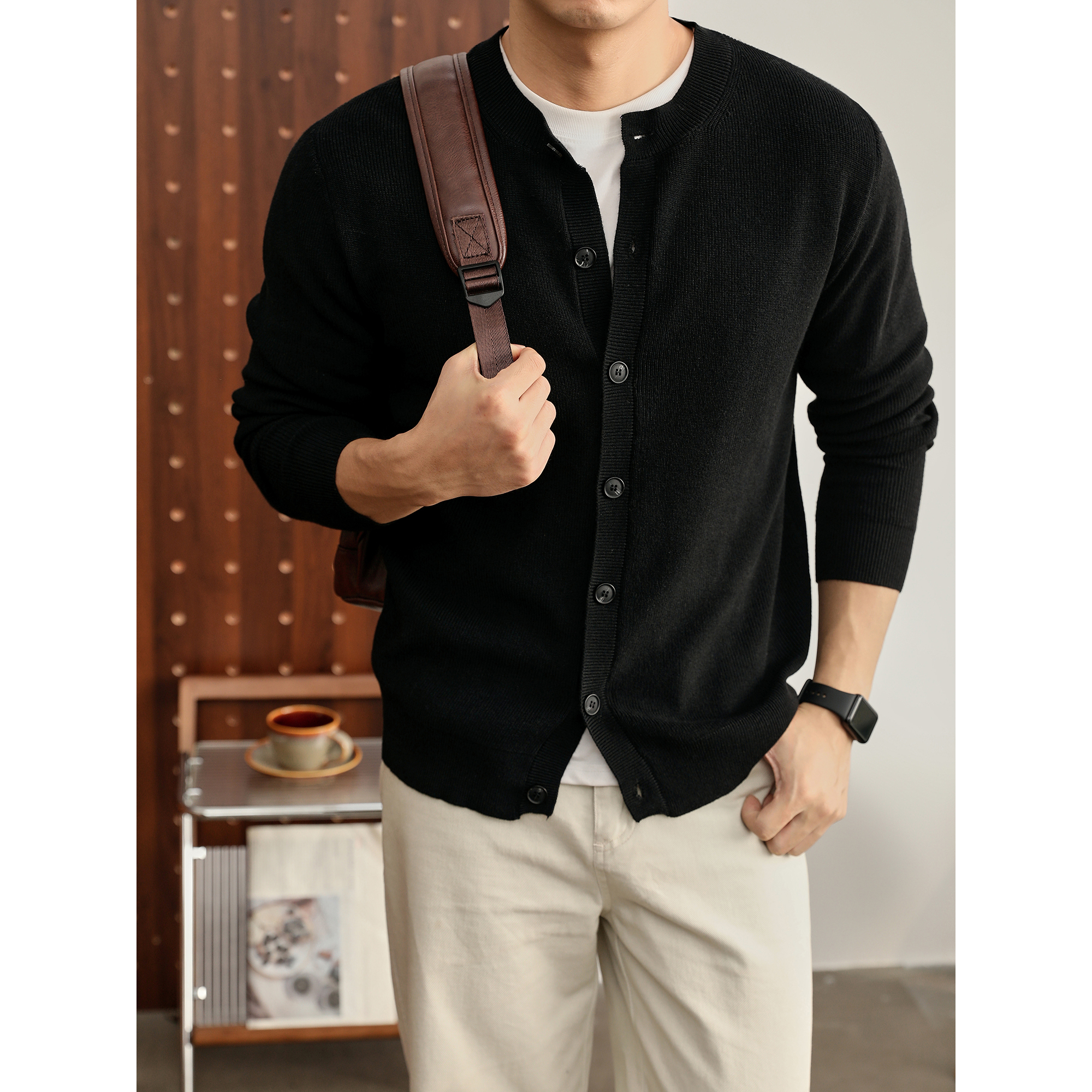 LUUD 亲肤软糯羊毛混纺罗纹针织开衫男简约休闲圆领毛衣外套秋季