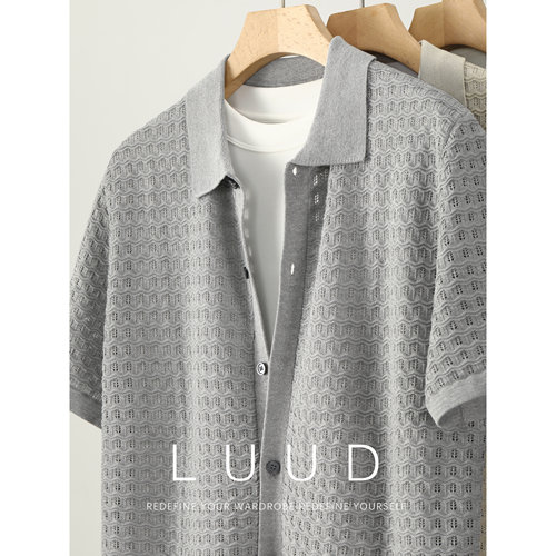 LUUD 针织镂空提花肌理针织开衫男士复古慵懒风透气翻领短袖外套