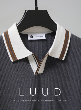 LUUD 冰爽丝混纺V领T恤男士撞色翻领修身Polo衫针织肌理感体恤衫