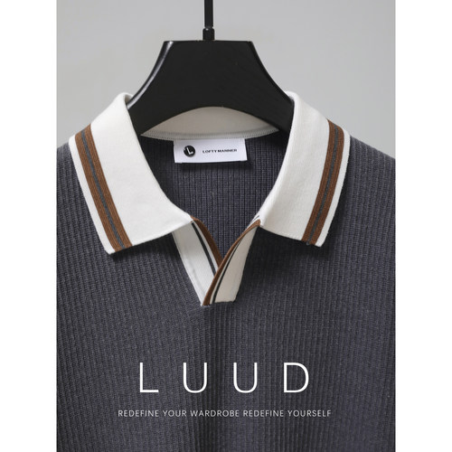 LUUD 冰爽丝混纺V领T恤男士撞色翻领修身Polo衫针织肌理感体恤衫