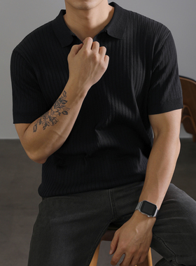 LUUD 男士黑色高级感短袖polo衫轻商务条纹半开翻领保罗针织t恤潮