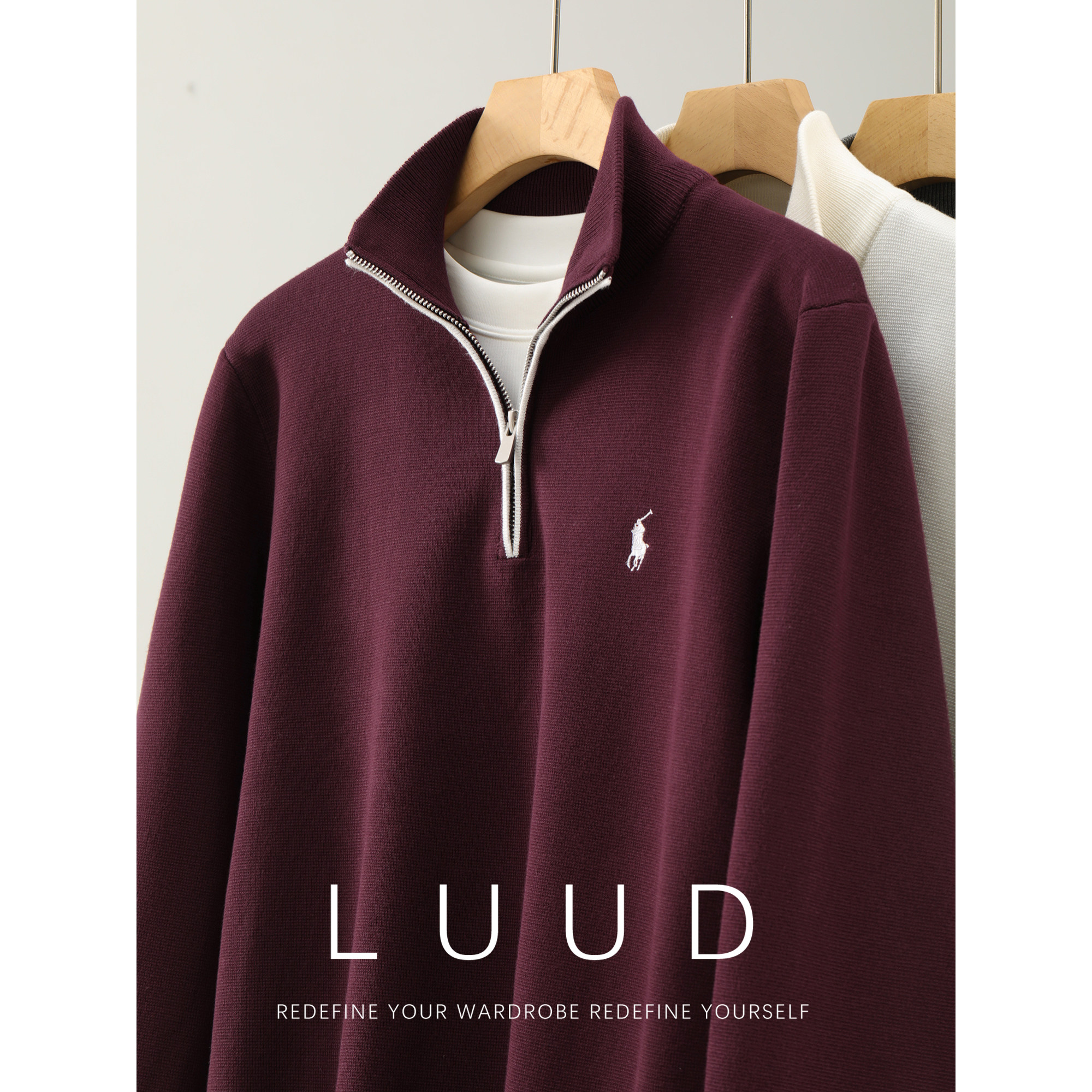 LUUD 简约学院风骑士刺绣针织衫男士撞色半拉链立领休闲毛衣秋冬,男装,针织衫/毛衣,淘宝优惠券,粉丝福利购,淘宝优惠卷