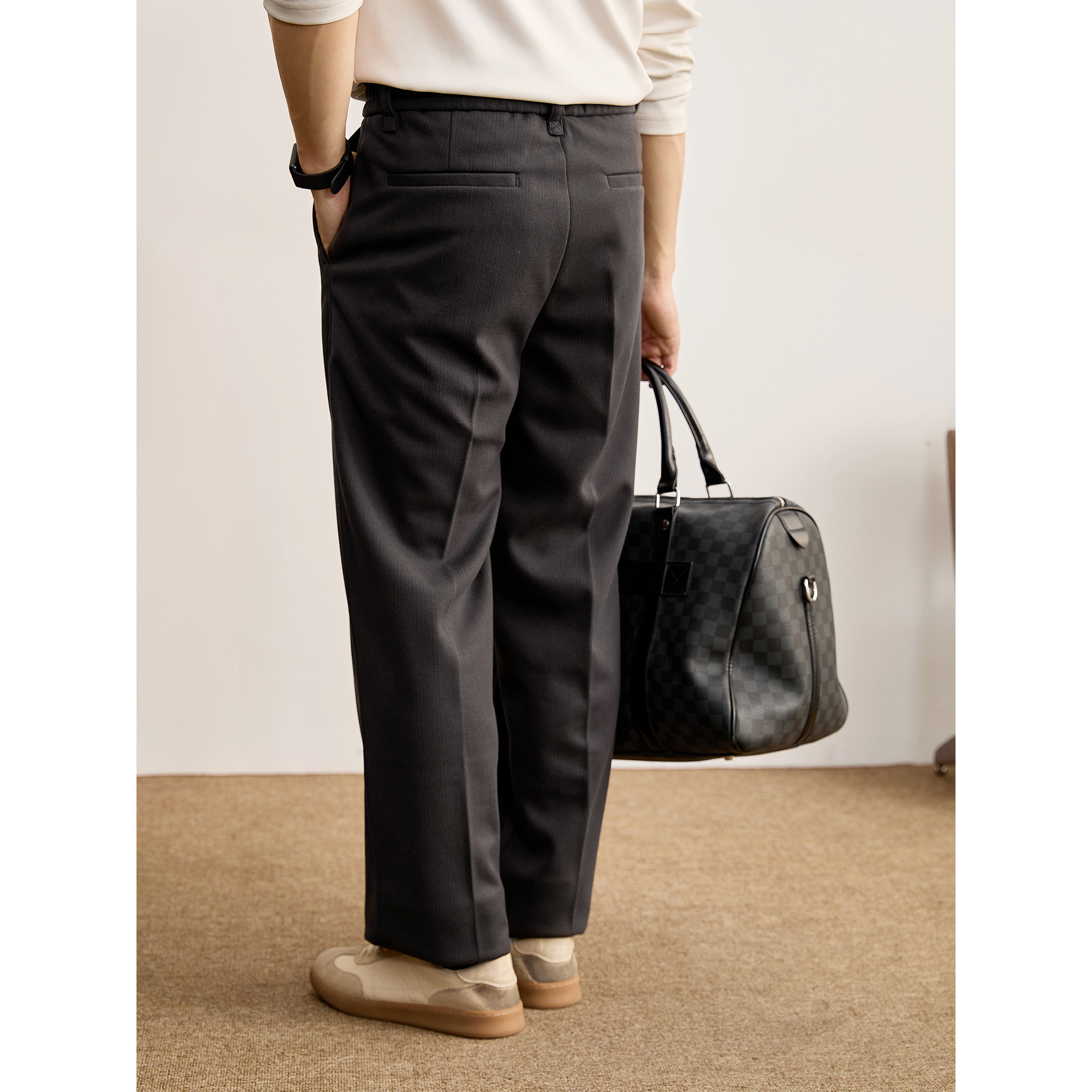 LUUD 极简高智感磨毛毛呢长裤男冬季半松紧腰免熨烫垂感直筒西裤