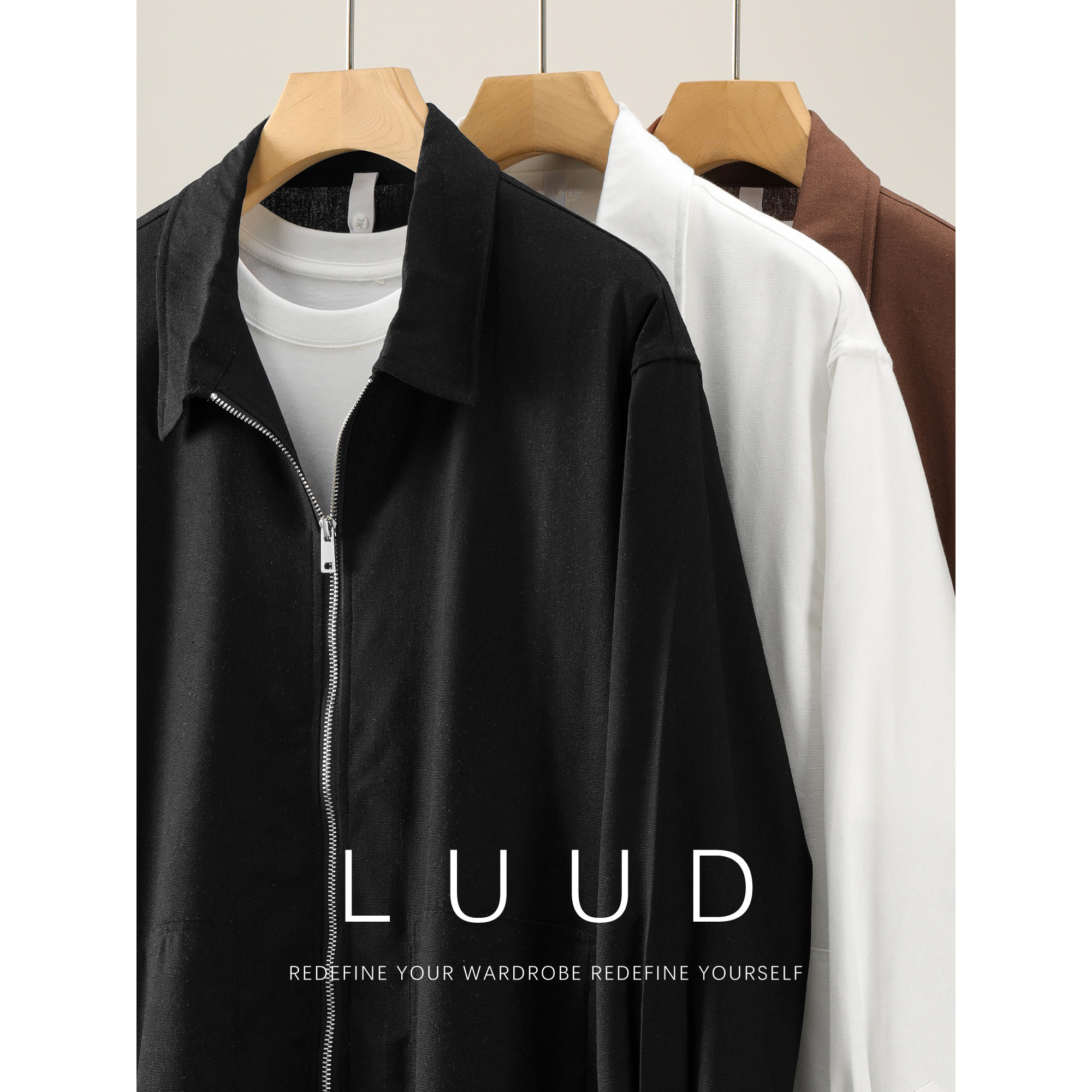 LUUD 时尚极简风男士亚麻混纺衬衫夹克秋冬季双拉链棉麻衬衣外套