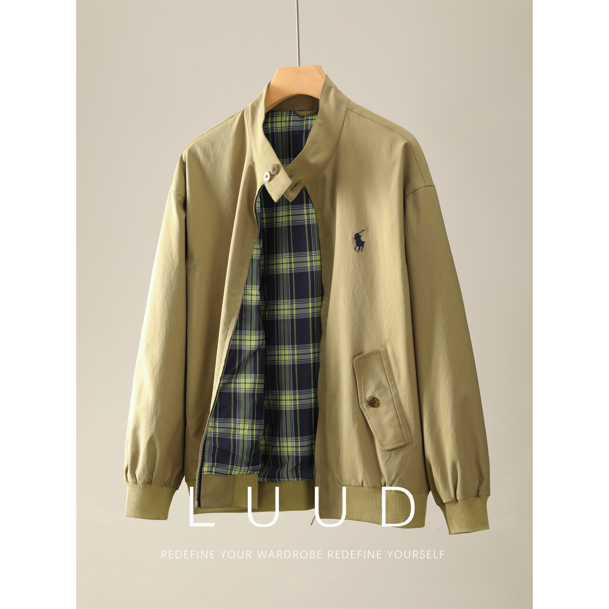 特价 撞色格纹内衬哈灵顿夹克男秋骑士刺绣户外防风纽扣立领外套