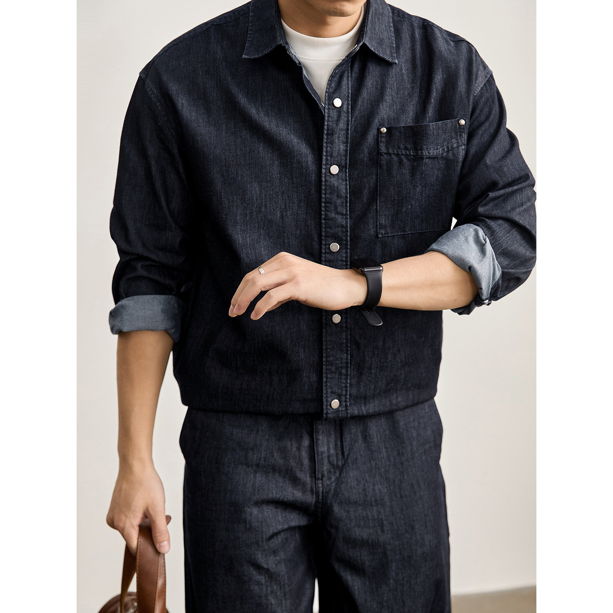 LUUD 原牛水洗丹宁牛仔外套男春季金属贴袋设计按扣翻领长袖衬衫
