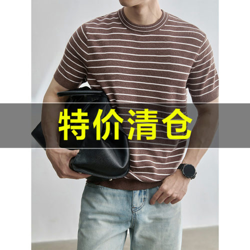 特价 复古老钱风条纹撞色针织短袖男夏吸湿透气亚麻混纺莱赛尔T恤
