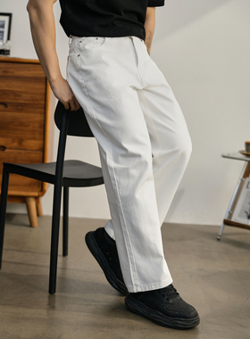 LUUD 白色100纯棉直筒休闲裤男士时尚细斜纹立体长裤子阔腿牛仔裤
