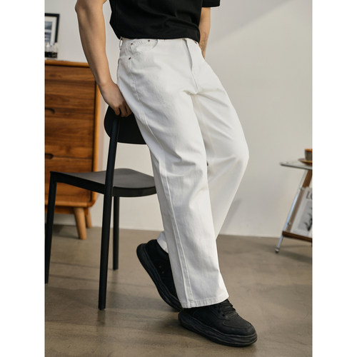 LUUD 白色100纯棉直筒休闲裤男士时尚细斜纹立体长裤子阔腿牛仔裤