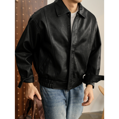 LUUD 高级痞帅机车服黑色皮夹克潮男款冬季PU皮防风短宽皮衣外套