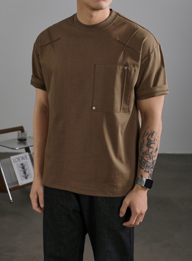 LUUD 潮牌都市休闲圆领短袖T恤男夏季设计感体恤微阔简约纯色上衣