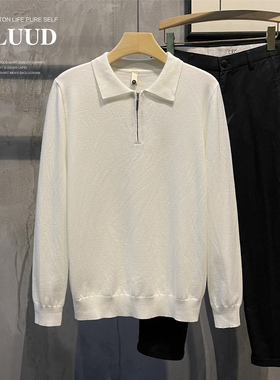 LUUD 白色潮流翻领毛衣男时尚净色套头衫半拉链修身POLO针织衫冬