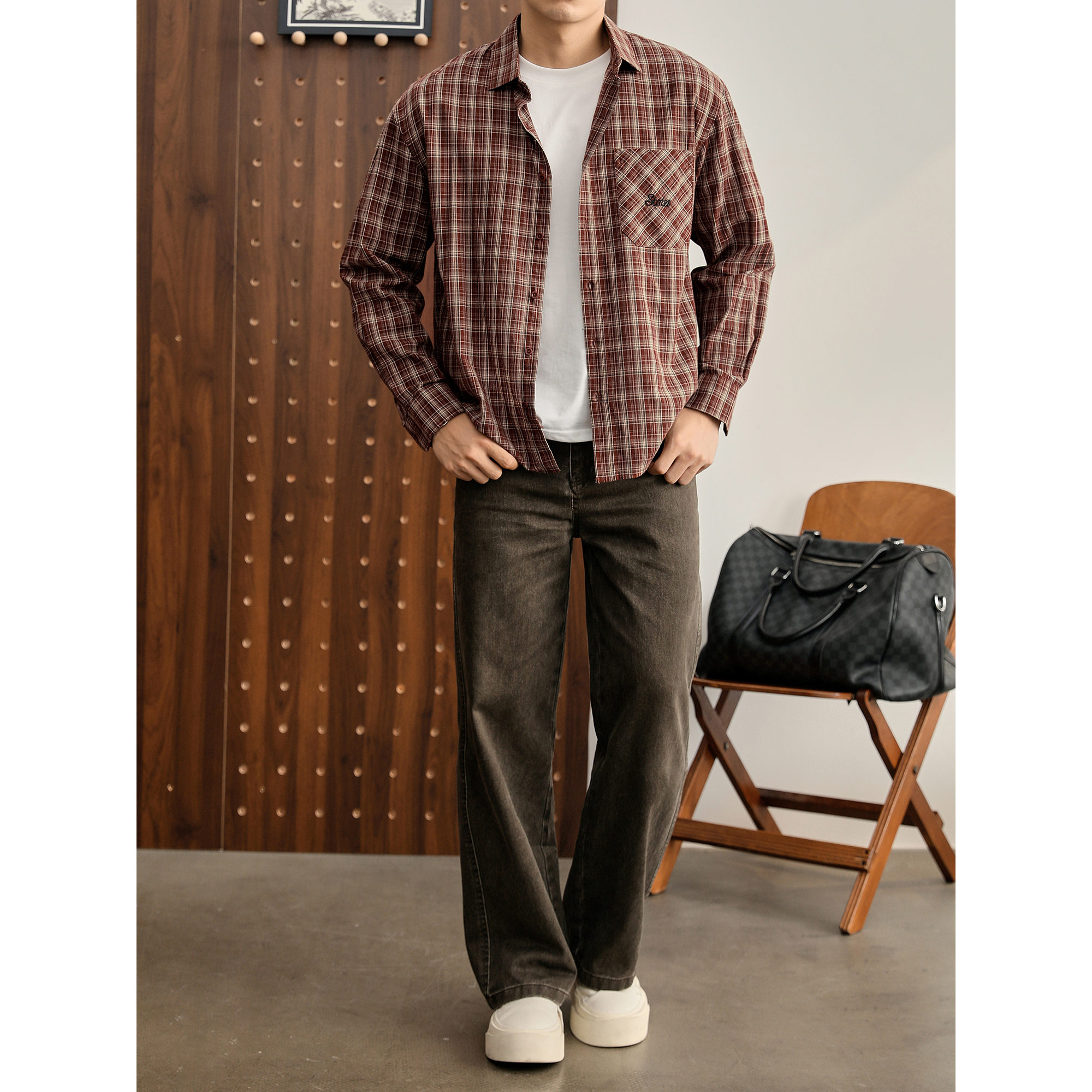 LUUD 秋季男美式复古格子长袖衬衫休闲雅奢百搭100%纯棉衬衣外套