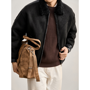 LUUD 立体裁剪两面拼料设计保暖棉服拼接麂皮绒羊羔毛领夹克男士