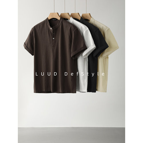 LUUD 新中式复古中山领半开襟短袖T恤男100%纯棉仿麻肌理立领上衣