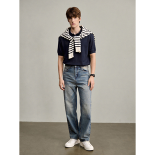 T恤针织POLO衫 LUUD 清爽透气亚麻混纺莱赛尔纯色翻领短袖 夏季 男士