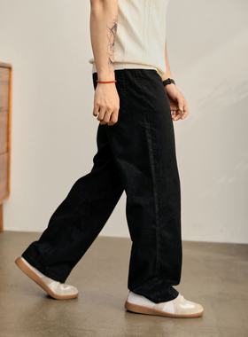 LUUD 时尚简约韩系直筒阔腿长裤男夏季细斜纹理100纯棉水洗牛仔裤