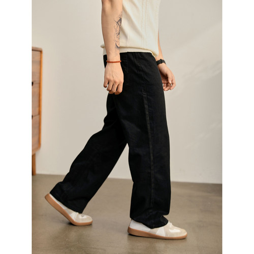 LUUD 时尚简约韩系直筒阔腿长裤男夏季细斜纹理100纯棉水洗牛仔裤