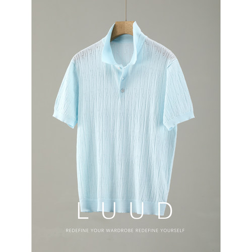 LUUD 男夏镂空透气老钱翻领短袖T恤天爽亚麻混纺莱赛尔针织POLO衫