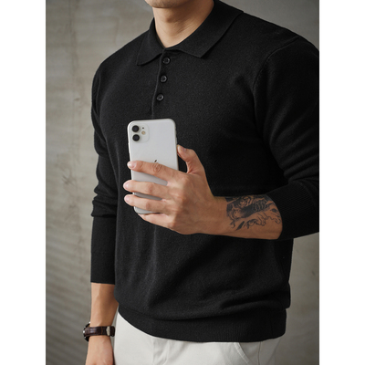 LUUD 黑色简奢POLO翻领毛线衣男时尚通勤风套头针织衫修身长袖衫