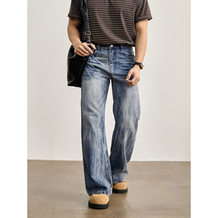 男cleanfit微喇直筒裤 高街水洗重工做旧闪电裂纹牛仔裤 美式 LUUD